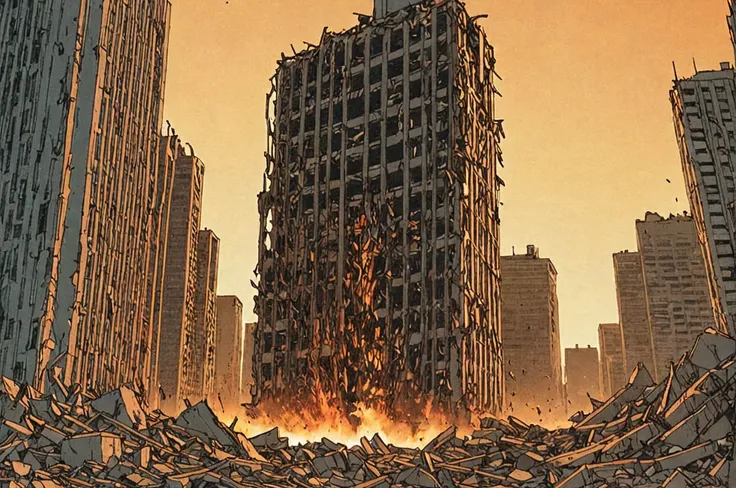 Comic panel illustration of a destroyed skyscraper building, akira style <lora:Akira_Style_XL>