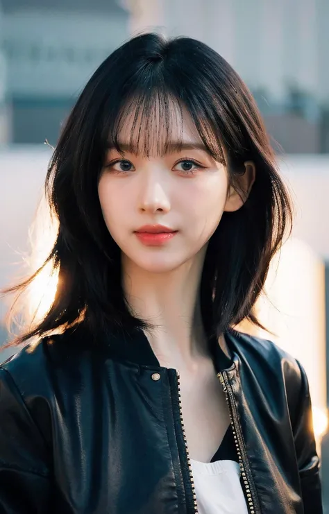 aespakarina,hard candy, playful face shy smile, (green eyes:0.5), ((dark scene, soft lighting:1.3)), long hair with blunt bangs,glossy lips, retro bomber jacket,(close-up photo:1.2),
outdoors,
Brutalist architecture, golden hour sunset, rooftop <lora:karin...