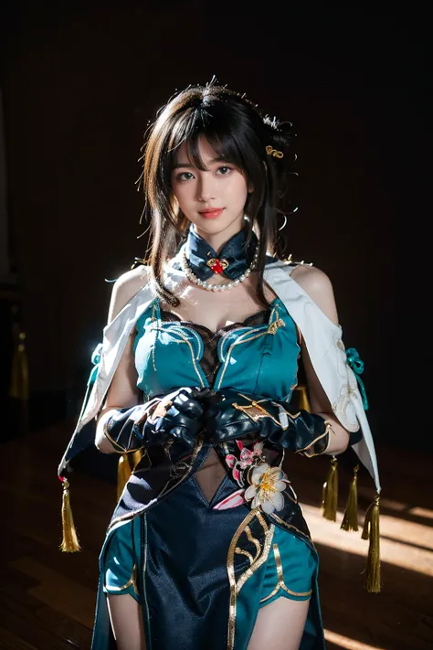 best quality, masterpiece, photorealistic, 1girl, solo, standing, cowboy shot, looking at viewer, smile, closed mouth, bangs, hair between eyes, ruanmei cosplay costume, china dress, chinese clothes, cosplay, ruanmei, dress, gloves, elbow gloves, hair orna...
