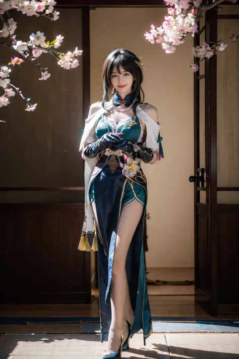 best quality, masterpiece, photorealistic, 1girl, solo, standing, full body, looking at viewer, smile, closed mouth, bangs, hair between eyes, ruanmei cosplay costume, china dress, chinese clothes, cosplay, ruanmei, dress, gloves, elbow gloves, hair orname...