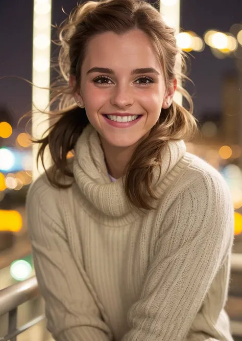 <lora:emwts-long hair-medium length hair-brown hair-smile-collected hair21:1> emwts, brown hair,ponytail,close-up,smile,canon powershot,extreme dof,wearing sweater,city street,night,bokeh,soft lighting,masterpiece