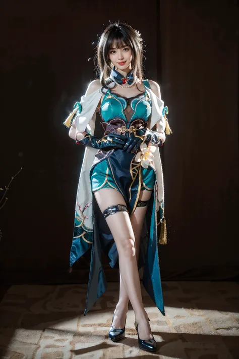 best quality, masterpiece, photorealistic, 1girl, solo, standing, full body, looking at viewer, smile, closed mouth, bangs, hair between eyes, ruanmei cosplay costume, china dress, chinese clothes, cosplay, ruanmei, dress, gloves, elbow gloves, hair orname...