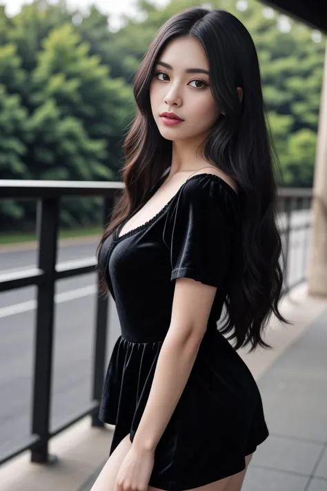 1woman, black hair, center parted long hair, realistic, masterpiece, high detailed skin, wearing random dress, looking at viewer, outdoor view, solo
black velvet top, velvet shorts <lora:Velvet_Top_Shorts_By_Stable_Yogi:0.6>