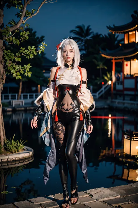 best quality, masterpiece, photorealistic, 1girl, solo, arms at side, full body, looking at viewer, arms at side,expressionless, closed mouth, hair between eyes, expressionless, shenhe cosplay costume, cosplay, white hair, black bodysuit, breast curtain, s...