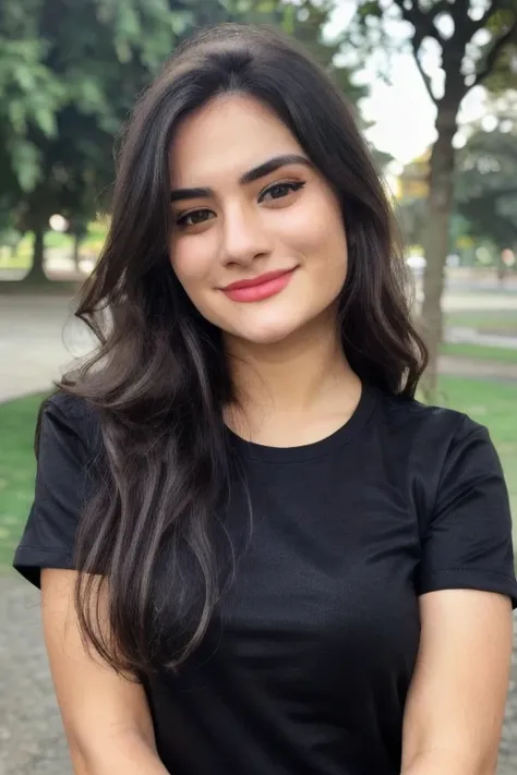 Photo of n4nd4gu4rd14n woman, detailed face, smiling, (blurred background)+, black tshirt in a park