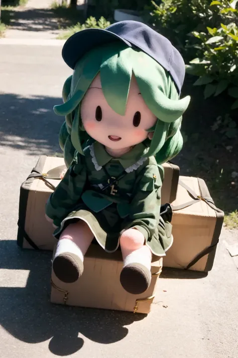 masterpiece, best quality,<lora:fufu:1>,fu1fu,character doll, chibi,
<lora:YamashiroTakane:1>,
camouflage, hat,green hair,medium hair,green eyes,key,camouflage shirt,long sleeves,camouflage skirt,frilled skirt,pocket,