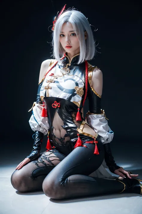 best quality, masterpiece, photorealistic, 1girl, solo, sitting, arms at side, full body, looking at viewer, closed mouth, hair between eyes, expressionless, shenhe cosplay costume, cosplay, white hair, black bodysuit, breast curtain, shoulder cutout, part...