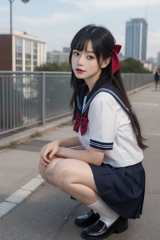 ltra-detailed,highly detailed,best quality,masterpiece,illustration,realistic,photorealistic,
serafuku, 1girl, solo,
school uniform, short sleeves shirt, sailor collar, pleated skirt, kneehighs, loafers,
hair ribbon, bowtie,
long hair, bangs,
full bod...