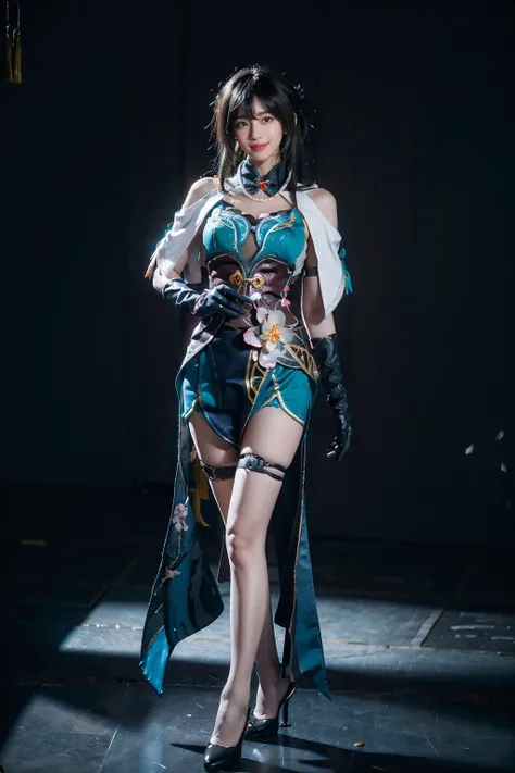 best quality, masterpiece, photorealistic, 1girl, solo, standing, full body, looking at viewer, smile, closed mouth, bangs, hair between eyes, ruanmei cosplay costume, china dress, chinese clothes, cosplay, ruanmei, dress, gloves, elbow gloves, hair orname...