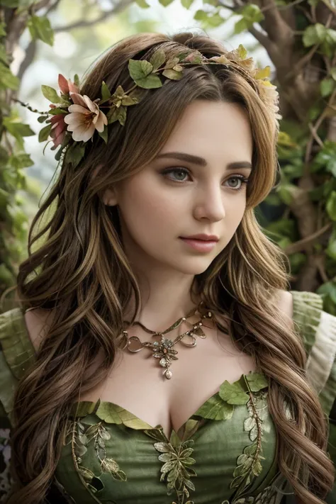 (headshot), Masterpiece, best quality, ((medieval)), (inside a flowering forest), moonlight, BREAK ((clothes made out of leaves)), flower crown, ((druid)), (fantasy), vines, flowers, ((wearing only leaves, vines, and flowers)), BREAK colorful leaves and fl...