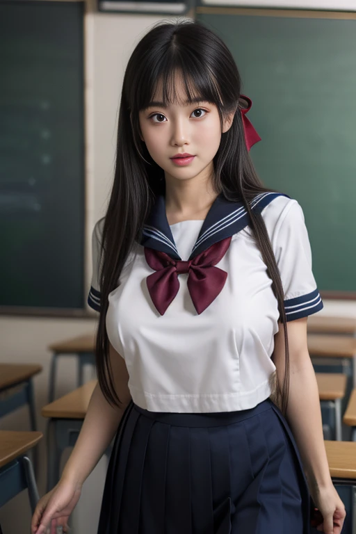 ltra-detailed,highly detailed,best quality,masterpiece,illustration,realistic,photorealistic,
serafuku, 1girl, solo,
school uniform, short sleeves shirt, sailor collar, pleated skirt, huge breasts, breasts out,
hair ribbon, bowtie,
long hair, bangs,
c...