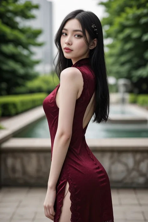 1woman, black hair, center parted long hair, realistic, masterpiece, high detailed skin, wearing random dress, looking at viewer...