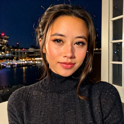 <lora:cosmickayla_sd15_512_128_64_v1:1>cosmickayla,1girl,looking at viewer, new years eve party fireworks in background, wearing a turtleneck sweater
