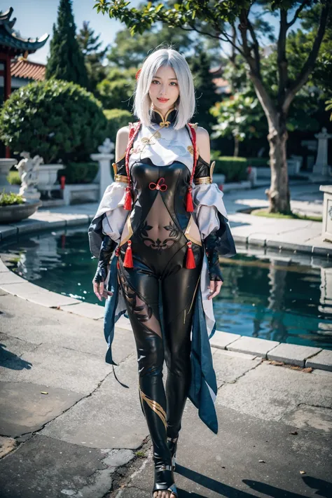 best quality, masterpiece, photorealistic, 1girl, solo, arms at side, full body, looking at viewer, closed mouth, hair between eyes, expressionless, shenhe cosplay costume, cosplay, white hair, black bodysuit, breast curtain, shoulder cutout, partially fin...