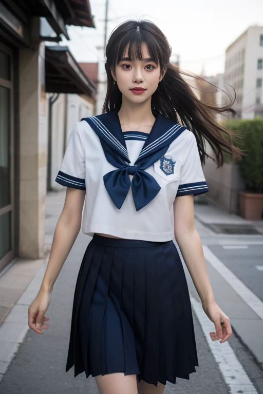 ltra-detailed,highly detailed,best quality,masterpiece,illustration,realistic,photorealistic,
serafuku, 1girl, solo,
school uniform, short sleeves shirt, sailor collar, pleated skirt,
hair ribbon, bowtie,
long hair, bangs,
cowboy shot, looking at view...