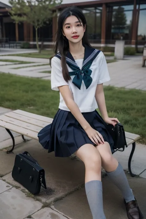 ltra-detailed,highly detailed,best quality,masterpiece,illustration,realistic,photorealistic,
serafuku, 1girl, solo,
school uniform, short sleeves shirt, sailor collar, pleated skirt, kneehighs, loafers,
hair ribbon, bowtie,
long hair, bangs,
full bod...