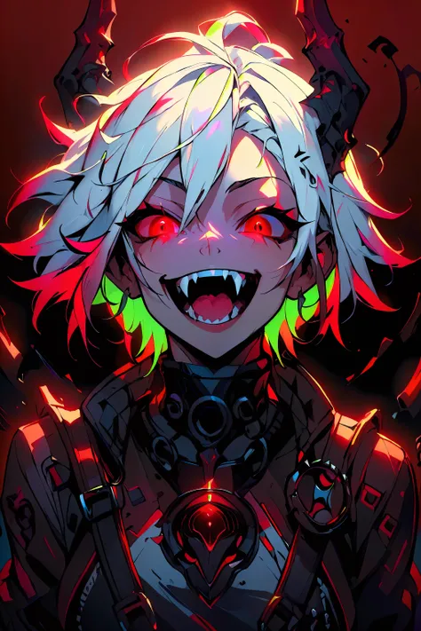 (ultra-detailed), (masterpiece), (best quality), (depth of field), (sharp focus), (cinematic lighting), (vibrant colors), <lora:PSYCHOPHONKY:1> 1girl, white hair, red eyes, neon background, detailed background, crazy smile, fangs