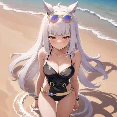 A masterpiece anime professional digital art of a uma musume woman GoldShip standing on sand exhausted wearing swimsuit, white hair, tall and strong <lora:goldship_xl-000040:1>