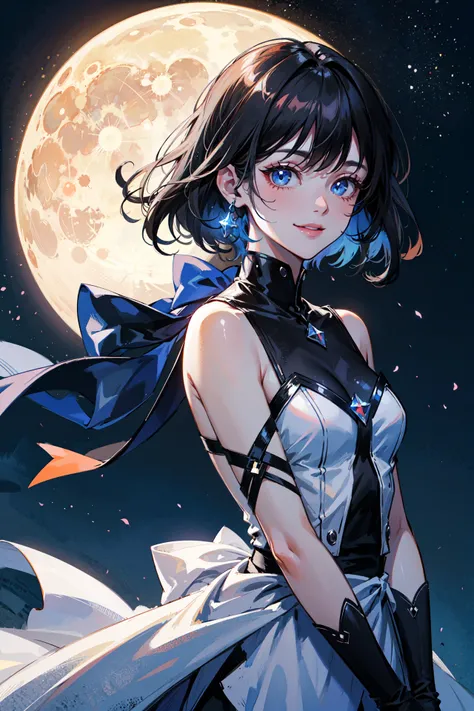 ((best quality, masterpiece, absurbres, super-resolution)) beautiful, movement, alluring. smiling, starry sky, ambience, moon, night sky, colorful lighting, cinematic lighting, neon light glowing, medium shot