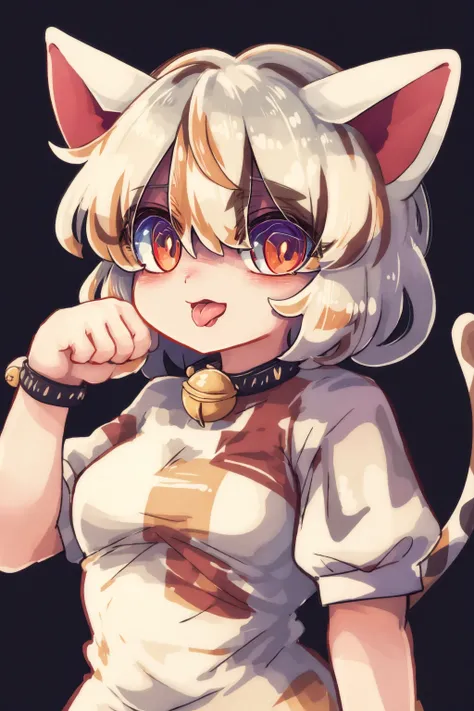 masterpiece, best quality,<lora:style20:1>,
<lora:GodoukujiMike:1>,1girl, animal ears, cat ears, tongue, bell, multicolored hair, short hair, solo, paw pose, white hair, tongue out, neck bell, bangs, streaked hair, upper body, coin, gold, jingle bell, mult...