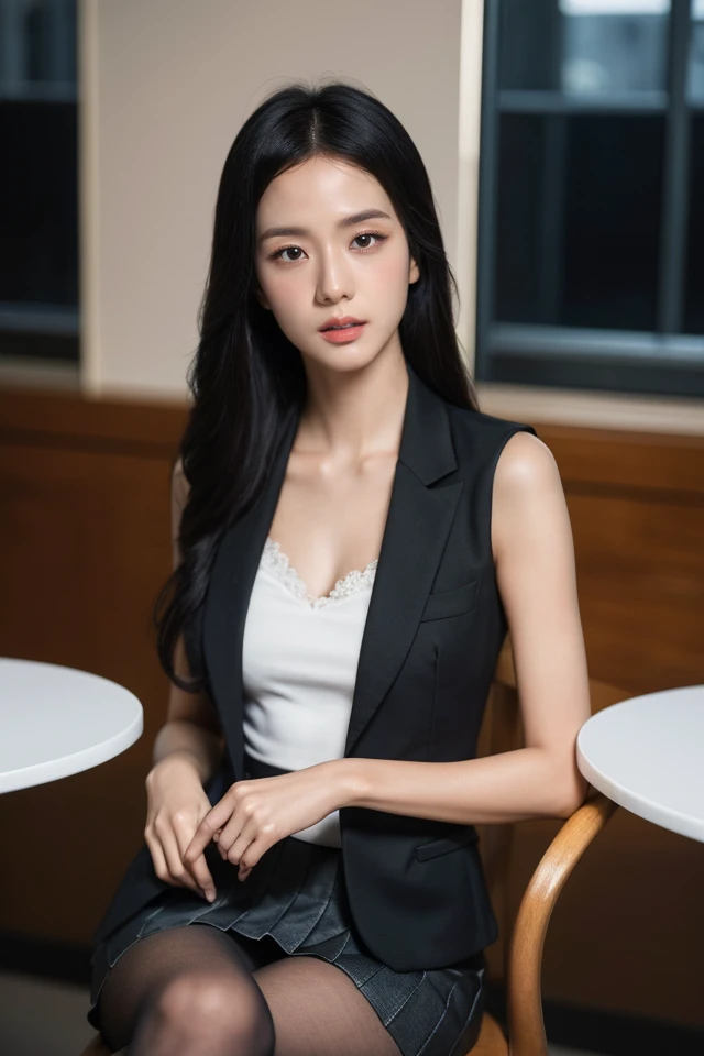 1girl,black ladies suit,white pleated skirt,sitting on the chair,best quality,masterpiece,illustration,an extremely delicate and beautiful,CG,unity,8k wallpaper,Amazing,finely detail,masterpiece,official art,extremely detailed CG unity 8k wallpaper,incredi...