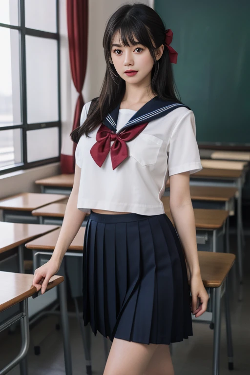 ltra-detailed,highly detailed,best quality,masterpiece,illustration,realistic,photorealistic,
serafuku, 1girl, solo,
school uniform, short sleeves shirt, sailor collar, pleated skirt, huge breasts, breasts out,
hair ribbon, bowtie,
long hair, bangs,
c...