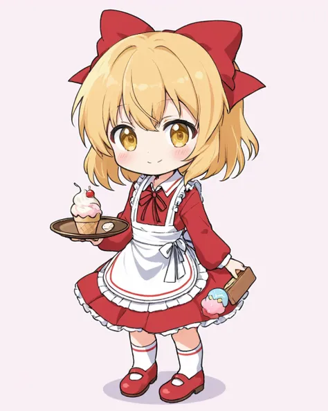 satsuki rin,1girl, chibi, hair_bow, red_footwear, solo, smile, long_sleeves, red_dress, red_bow, holding_tray, ribbon, white_apron, ice_cream, waist_apron, closed_mouth, full_body, white_socks, blush, frilled_apron, waitress, hair_ornament, white_shirt, st...