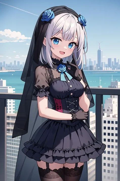 (cleavage:-1.5), insanely detailed, absurdres, ultra-highres, ultra-detailed, best quality,
1girl, solo, nice hands, perfect hands,
BREAK
(fusion of black mourning-dress and black wedding dress:1.2), (gothic dress:1.3), (light-blue and black theme:1.3), ((...