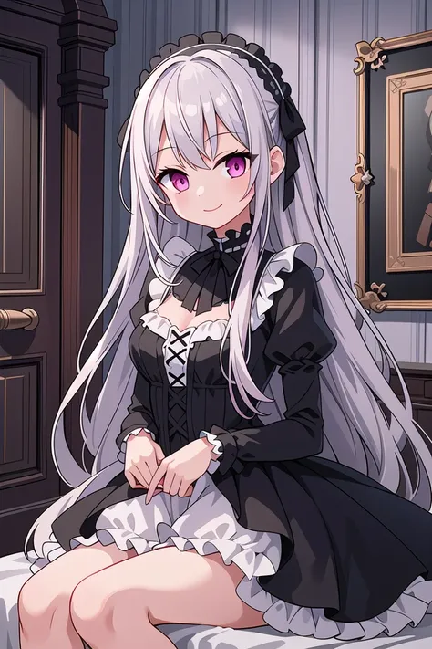 ((masterpiece:1.4, best quality)), ((masterpiece, best quality)),
one girl, cute girl, silver hair, long hair, pink eyes, smile, black gothic dress, white frill, hair dress,
indoors, castle, gothic, cute pose