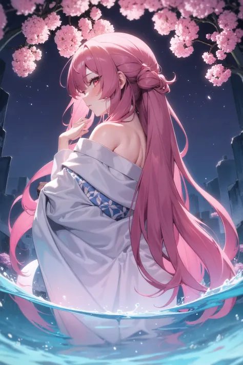 1girl, upper body, from below, from behind, off-shoulder kimono, scenery, pink theme, looking back, blush, shy, very long hair, wide shot