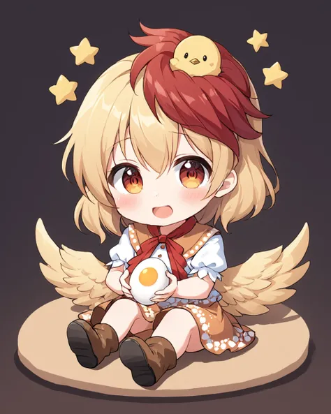 niwatari kutaka,1girl, chick, open_mouth, animal, boots, solo, feathered_wings, dress, holding, food, short_sleeves, brown_footwear, bird_wings, sitting, teeth, white_shirt, egg, bird_on_head, blush, chibi, dated, tomato
<lora:niwatari_kutaka_image1327_202...