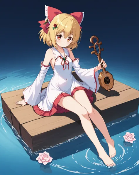 satsuki rin,1girl, solo, sitting, red_rose, instrument, detached_sleeves, hair_ornament, looking_at_viewer, hair_bow, water, red_bow, holding, single_shoe, wide_sleeves, pink_dress, white_rose, barefoot, bare_shoulders, medium_breasts, white_dress, closed_...