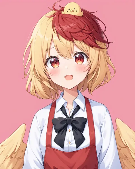 niwatari kutaka,1girl, red_apron, white_shirt, open_mouth, long_sleeves, feathered_wings, solo, pink_background, looking_at_viewer, chick, upper_body, yellow_wings, blush, bird_on_head, black_bowtie, simple_background, bird_wings, collared_shirt, :d, tail,...