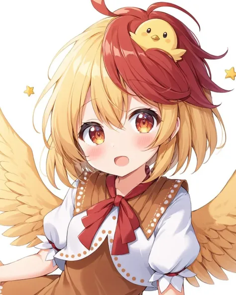 niwatari kutaka,1girl, chick, solo, white_background, open_mouth, simple_background, bird_on_head, upper_body, looking_at_viewer, feathered_wings, bird_wings, puffy_short_sleeves, yellow_wings, :d, brown_dress, ahoge, white_shirt, blush, ribbon, animal
<lo...