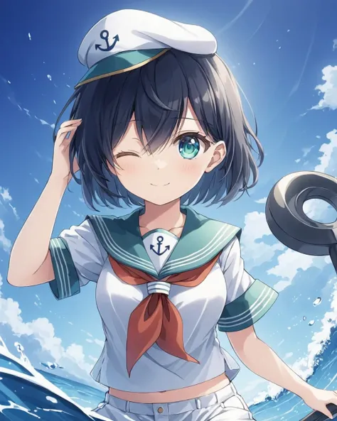 murasa minamitsu,1girl, solo, anchor, sailor_hat, smile, water, sailor, sun, white_shorts, looking_at_viewer, neckerchief, covering_one_eye, sailor_collar, short_sleeves, one_eye_covered
<lora:murasa_minamitsu_image2637_2023-12-20-000008:1>,star-shaped_pup...