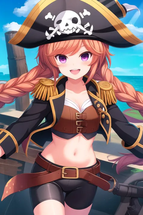 (masterpiece, best quality), highly detailed background, perfect lightingbest quality, suzukawarino, solo, outdoors, watercraft, pirate, pirate hat, orange hair, ahoge, twin braids, purple eyes, epaulettes, cropped jacket, black jacket, crop top, fingerles...