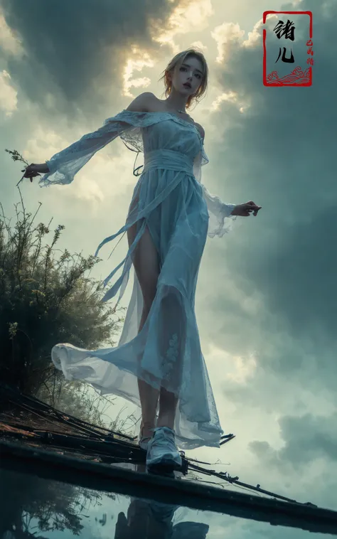 ((masterpiece))), (((best quality))), ((super detailed)), (highly detailed computer illustration), ((extremely delicate and beautiful)),cinematic light, Dynamic Angle, Perspective, High Point,pov(from below:1.4),
1girl, solo, fog, outdoors, reflection, wh...
