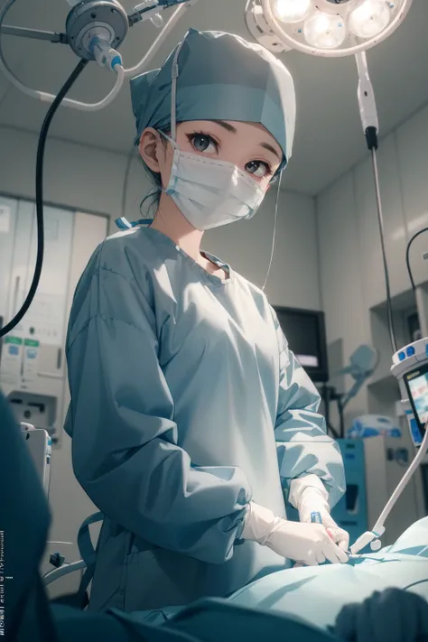 (RAW photo, best quality), 1girl, long sleeve surgical outfit, surgical mask,  surgical gloves, surgical cap,  operating room, overhead surgical light,
 <lora:ConceptClothingSurgicalOutfit1_1:1>