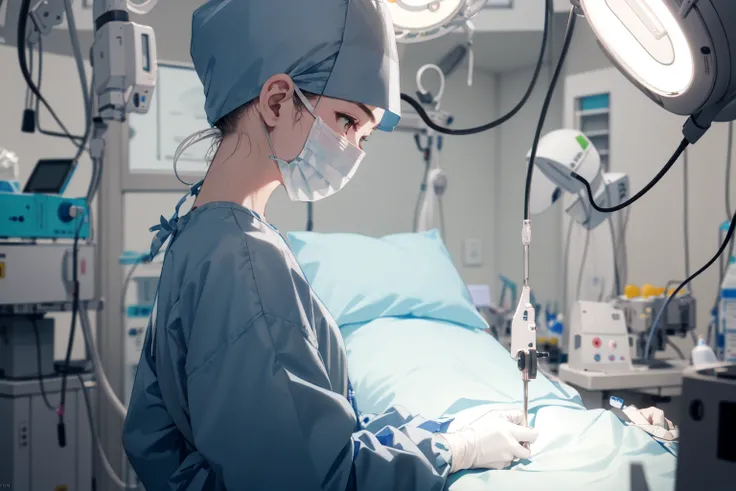 (RAW photo, best quality), 1girl, long sleeve surgical outfit, surgical mask,  surgical gloves, surgical cap,  operating room, overhead surgical light,
 <lora:ConceptClothingSurgicalOutfit1_1:1>