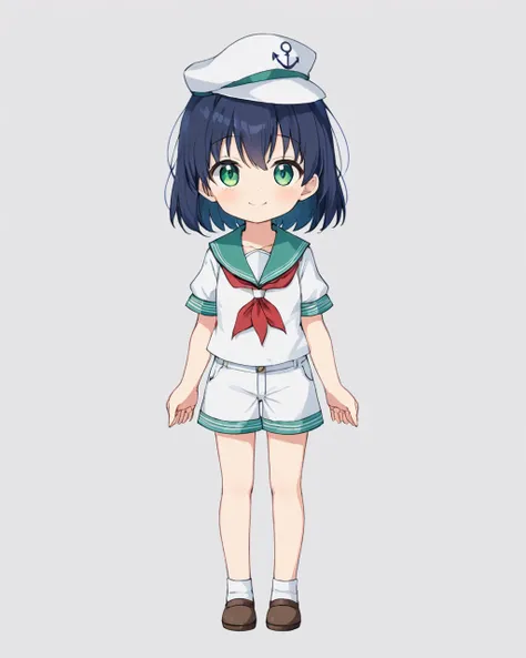 murasa minamitsu,1girl, solo, white_shorts, smile, white_background, one-hour_drawing_challenge, sailor_hat, simple_background, hishaku, sailor_shirt, closed_mouth, sailor, green_sailor_collar, short_sleeves, white_headwear, white_shirt, full_body, anchor_...