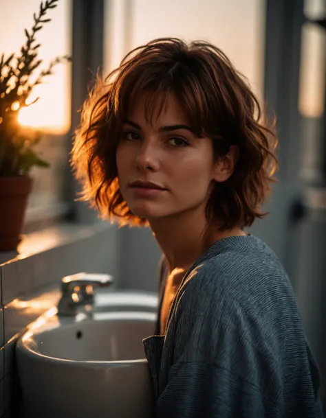 cinematic photo professional close-up portrait photography of the face of a beautiful (((ohwx woman))) at indoor toilet during Golden Hour, Nikon Z9    <lora:bullock_dh128_v1-step00008000:1.1> . 35mm photograph, film, bokeh, professional, 4k, highly detail...