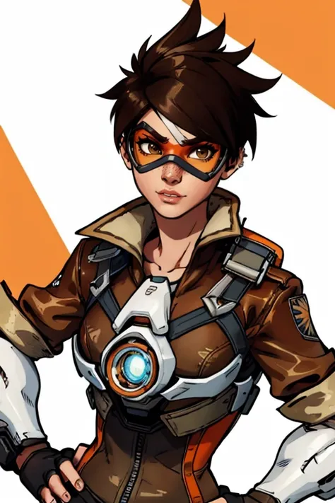masterpiece,best quality,extreme detail,8k,image sharpness,<lora:Tracer-10:0.8>, Tracer2,1girl,solo,looking at viewer,short hair,bangs,brown hair,brown eyes,jewelry,jacket,upper body,earrings,character name,lips,spiked hair,goggles,sleeves rolled up,freckl...