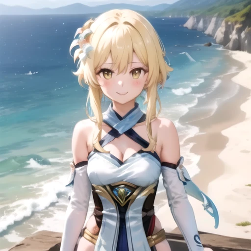 ((masterpiece)),(best quality),official art,extremely detailed CG,unity 8k wallpaper,ultra detailed,A lighthouse on a cliff by the sea,1girl,solo,upper body,looking at viewer,lumine (genshin impact),blonde hair,hair flower,hair ornament,yellow eyes,white d...