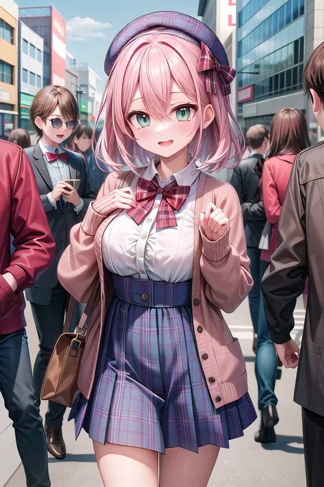 insanely detailed, absurdres, ultra-highres, ultra-detailed, best quality,
1 girl, solo, nice hands, perfect hands
BREAK
(vintage-inspired beret with flower pin:1.3), (navy and red plaid dress:1.5), (golden buttons down the front:1.2), (ivory blouse with ruffle detailing and red bow tie:1.4), (peach cardigan with cable knit pattern:1.3), (black tights:1.1), (red Mary Jane shoes:1.2)
BREAK
laugh, open mouth, wavy mouth,
cute pose, cowboy shot, looking at viewer
BREAK
slender, kawaii, perfect symmetrical face, ultra cute girl, ultra cute face, ultra detailed eyes, ultra detailed hair, ultra cute, ultra beautiful,
BREAK
in harajuku, shibuya, tokyo, street, crowd, cityscape,
large breasts
BREAK
(pink medium hair, dark green eyes), hair between eyes