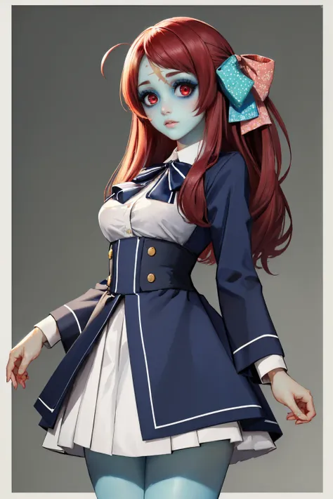 (masterpiece, best quality:1.2), solo, 1girl, minamoto sakura, (zombie, blue skin:1.2), scar on face, expressionless, looking at viewer, ahoge, hair bow, red eyes, wide-eyed, school uniform, underbust, ribbon, long sleeves, skirt <lora:zombielandsaga_minam...