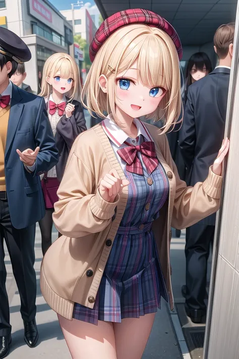 insanely detailed, absurdres, ultra-highres, ultra-detailed, best quality,
1girl, solo, nice hands, perfect hands,
BREAK
(vintage-inspired beret with flower pin:1.3), (navy and red plaid dress:1.5), (golden buttons down the front:1.2), (ivory blouse with r...