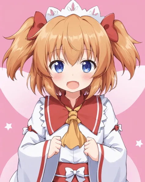 sunny milk,1girl, blush, fairy_wings, fang, solo, looking_at_viewer, open_mouth, headdress, simple_background, long_sleeves, ascot, bow, hand_on_own_chest, two_side_up, pink_background, twintails, outline
<lora:sunny_milk_image988_2023-12-20:1>,star-shaped...