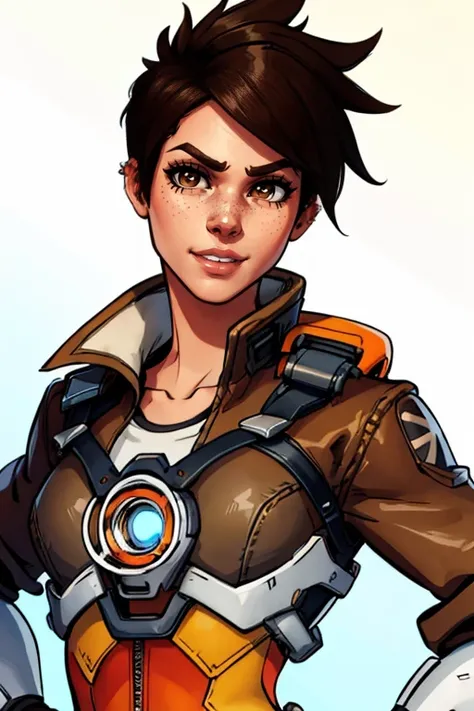 masterpiece,best quality,extreme detail,8k,image sharpness,<lora:Tracer-10:0.8>,Tracer2,1girl,solo,looking at viewer,smile,short hair,bangs,brown hair,brown eyes,jacket,upper body,parted lips,artist name,blurry,lips,bodysuit,piercing,spiked hair,ear pierci...