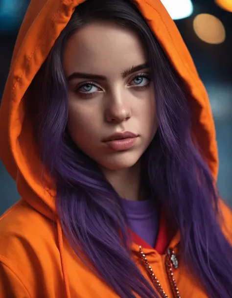 cinematic photo portrait of (((ohwx woman))) wearing an orange hoody, by don bluth. trending on artstation and deviantart pinterest photorealistic hd 8 k highlights & shadow detailed high resolution award winning photography red black purple neon colors oc...