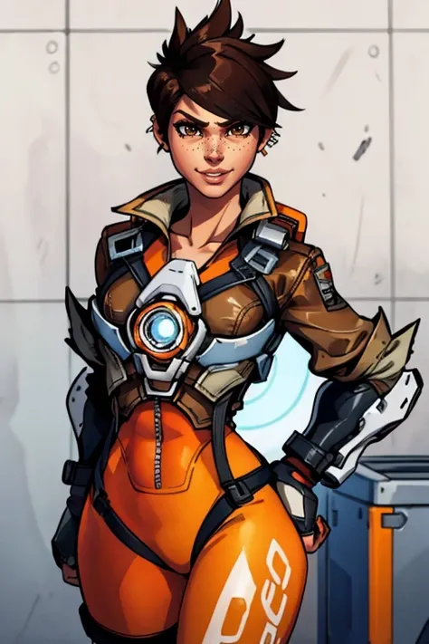 masterpiece,best quality,extreme detail,8k,image sharpness,<lora:Tracer-10:0.8>,Tracer2,1girl,solo,looking at viewer,smile,short hair,bangs,brown hair,brown eyes,jacket,upper body,parted lips,artist name,blurry,lips,bodysuit,piercing,spiked hair,ear pierci...